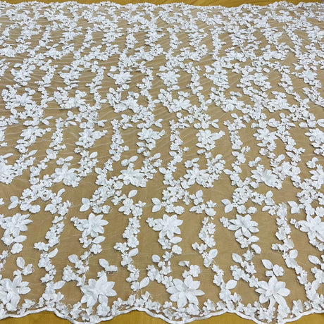 Beaded 3D Floral Lace Fabric Off White