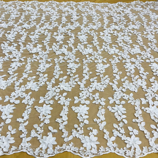 Beaded 3D Floral Lace Fabric Off White