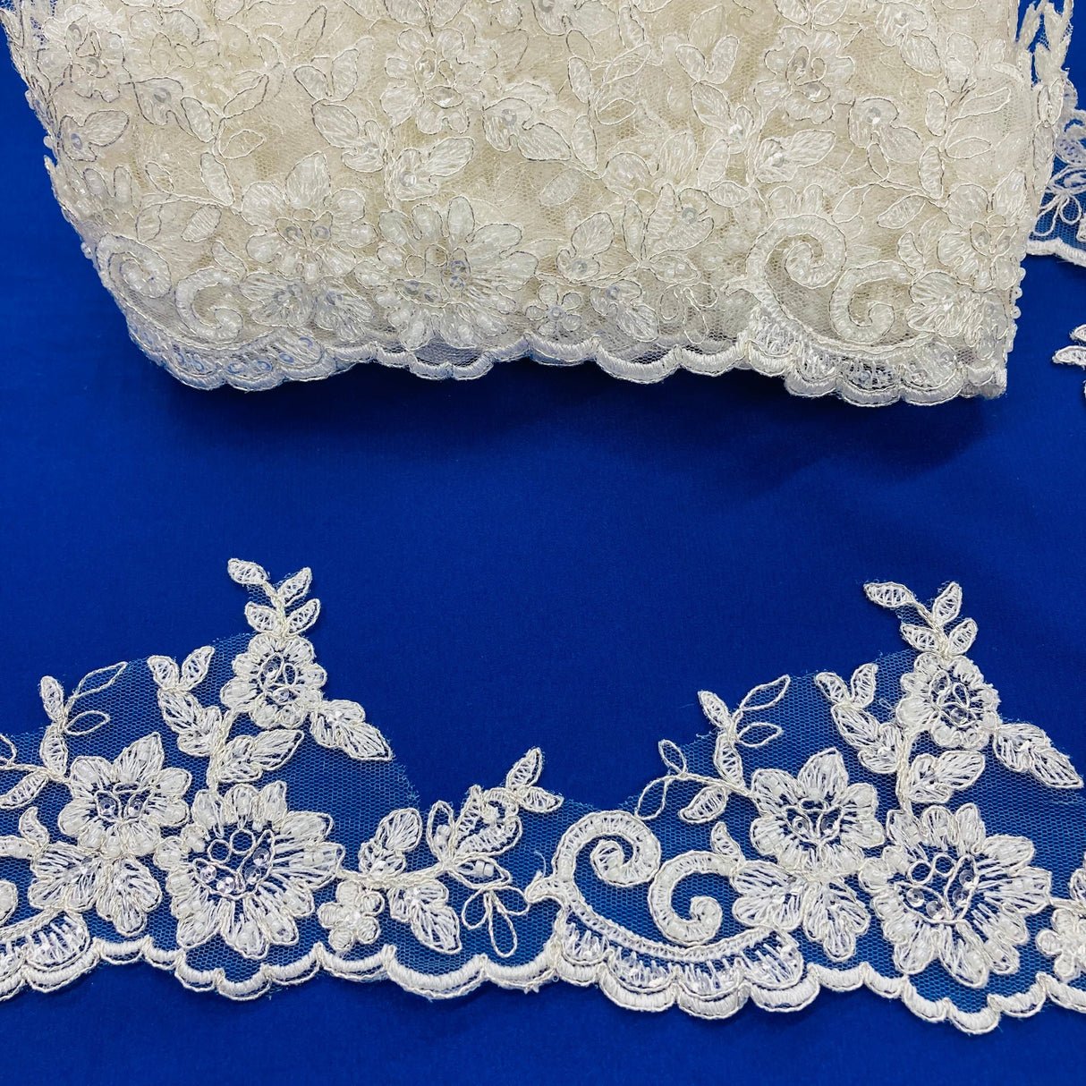 Beaded Corded Lace Trimming Polyester Fabric - Embroidered Net Mesh, 4" Width, 6 Color Schemes (1 Yard)