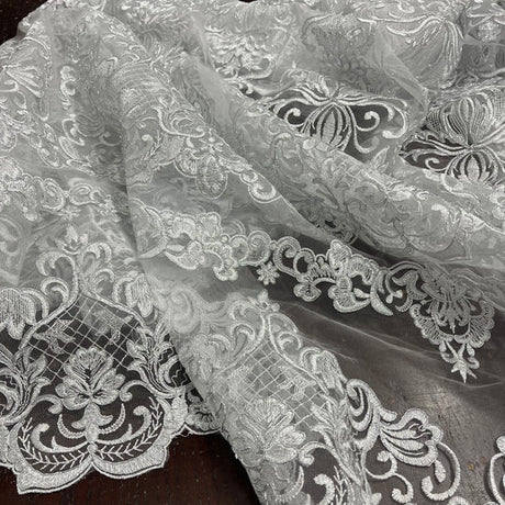 1 Yard Elegant Corded Bridal Lace Fabric Embroidered on Polyester Net Mesh