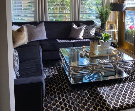 Enchanting Black Mermaid Half Moon Faux Fur Rug - Shimmery Golden Metallic, Black Moon (7'6" X 10'3")