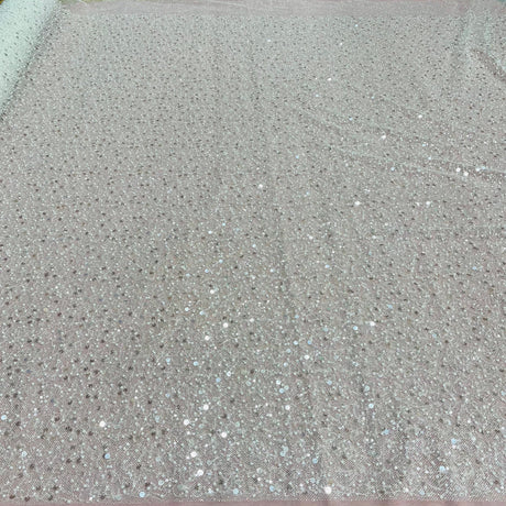 Beaded Sequined Lace Fabric Off White Silver
