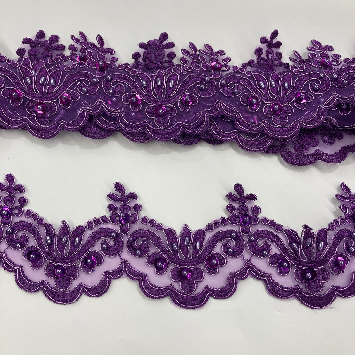 Beaded & Corded Lace Trimming Embroidered On 100% Polyester Organza Fabric - Aqua, 3" Width (1 Yard)