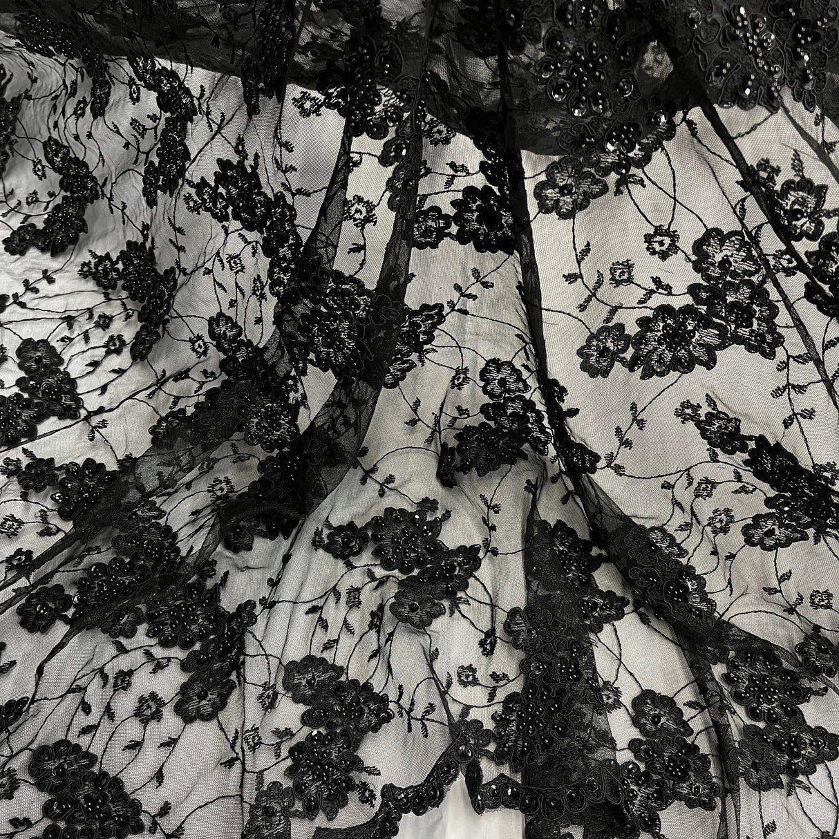 Beaded Corded Lace Fabric 100% Polyester Net Mesh 52"