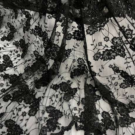 Beaded Corded Lace Fabric 100% Polyester Net Mesh 52"