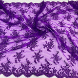 1 Yard - Corded Bridal Lace Fabric Embroidered on 100% Polyester Net Mesh - Ivory with Silver - 56"