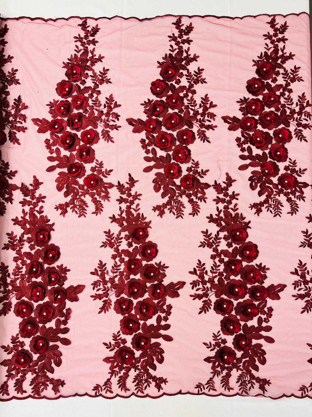 Rosa 3D Floral Design With Rhinestones Polyester Fabric - 3D Floral Embroidered Mesh Lace, 54" Width (1 Yard)