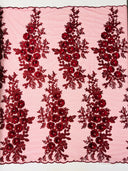 Rosa 3D Floral Design With Rhinestones Polyester Fabric - 3D Floral Embroidered Mesh Lace, 54" Width (1 Yard)