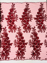 Rosa 3D Floral Design With Rhinestones Polyester Fabric - 3D Floral Embroidered Mesh Lace, 54" Width (1 Yard)