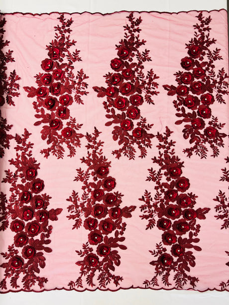 Rosa 3D Floral Design With Rhinestones Polyester Fabric - 3D Floral Embroidered Mesh Lace, 54" Width (1 Yard)