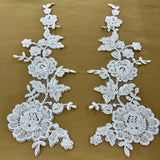 Beaded Corded Floral Lace Applique Embroidered 100 Percent Polyester Net Mesh Fabric - White, Ivory, Ivory With Silver Cording, White With Silver Cording, Black, 13" X 3.5" (1 Pair)