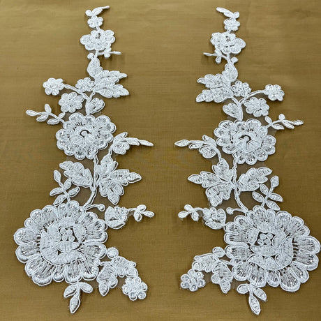 Beaded Corded Floral Lace Applique Embroidered 100 Percent Polyester Net Mesh Fabric - White, Ivory, Ivory With Silver Cording, White With Silver Cording, Black, 13" X 3.5" (1 Pair)