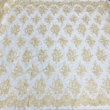1 Yard Corded Bridal Lace Fabric Embroidered on 100% Polyester Net Mesh Gold 54" Wide