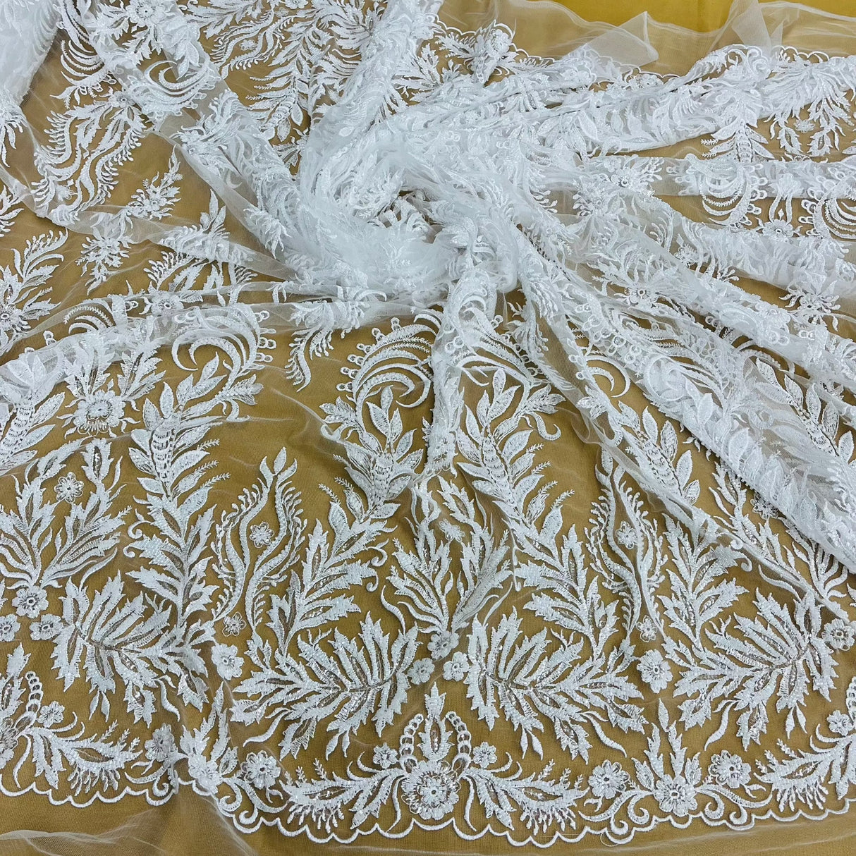 Beaded Sequined Lace Fabric Ivory