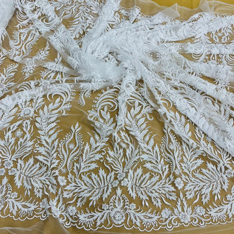 Beaded Sequined Lace Fabric Ivory