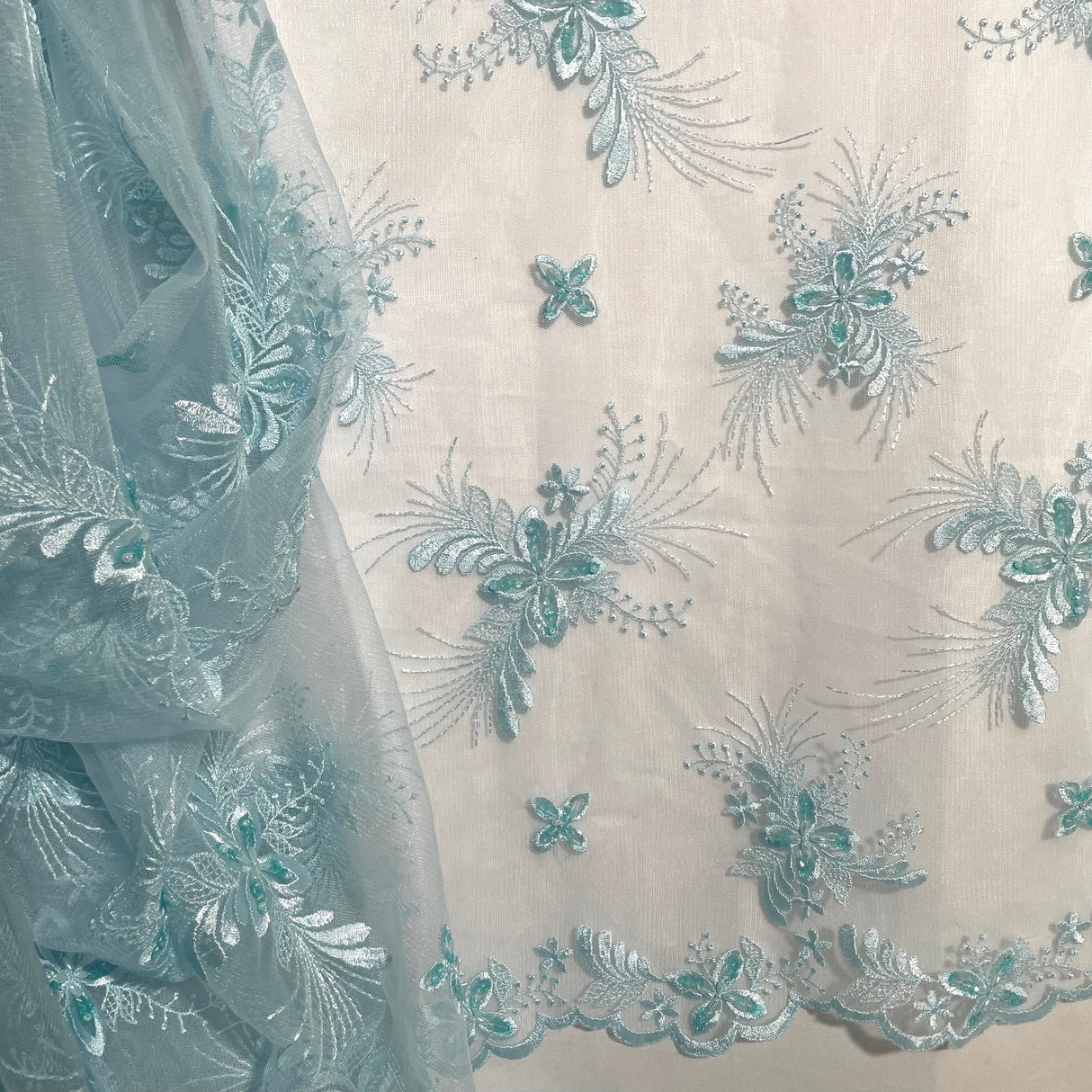 Beaded Lace Fabric on Polyester Net Mesh
