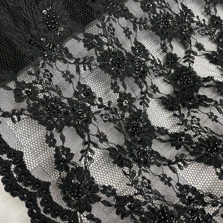 Beaded Corded Floral Lace Fabric - Red, Ivory/Silver, Black, Wasabi Green, 56" Width (1 Yard)