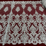 1 Yard Elegant Corded Bridal Lace Fabric Embroidered on Polyester Net Mesh