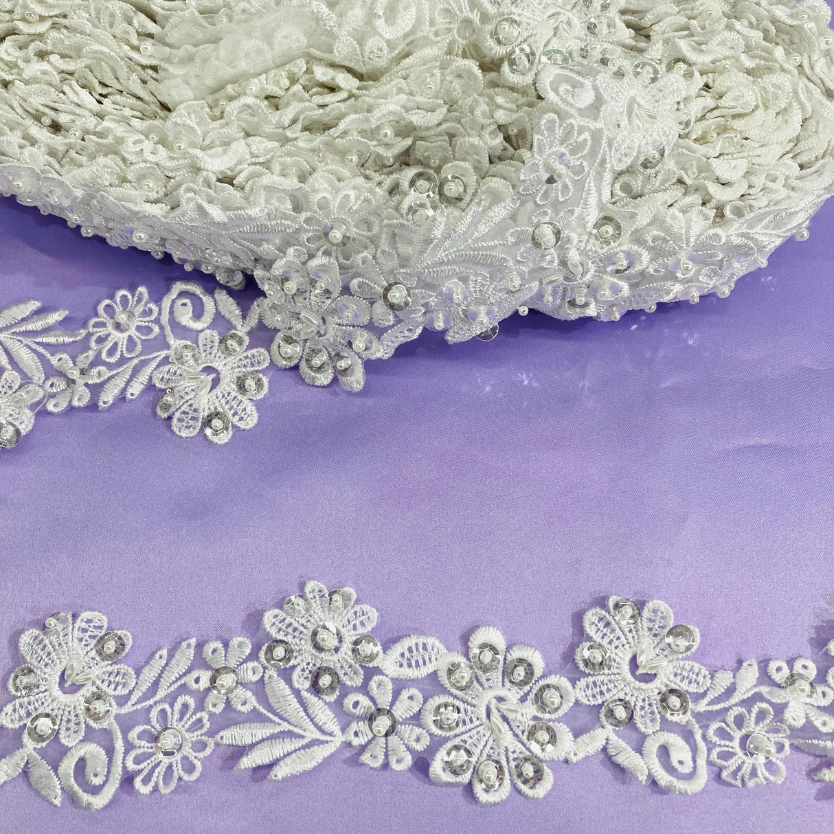 Beaded Lace Trimming on Polyester Organza 2"