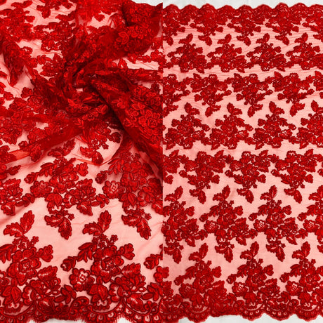 1 Yard - Corded Bridal Lace Fabric Embroidered on 100% Polyester Net Mesh - 51" Wide