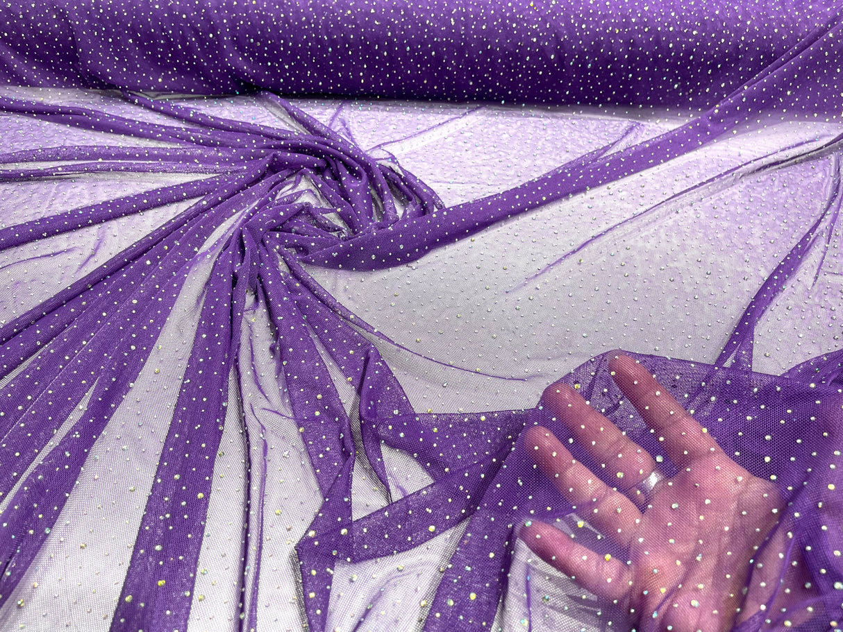 Sheer All Over AB Rhinestones Stretch Power Mesh Fabric - Colorful Rhinestone Embellishment, 58IN WIDTH (1 Yard)
