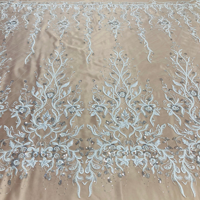 Beaded Lace Embroidered On 100 Percent Polyester Net Mesh Fabric - Gold, Silver, Ivory, White, Beaded Lace, 52" Width (1 Yard)