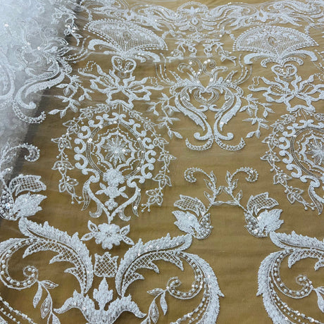 Beaded Lace Fabric on Polyester Net Mesh