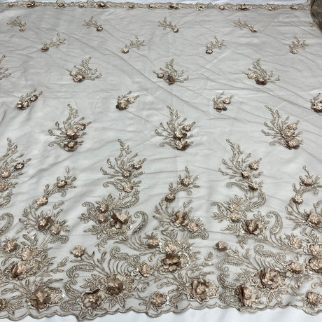 Beaded 3D Floral Lace Polyester Fabric - Black, Dusty Rose, Vanilla, 51" Width (1 Yard)