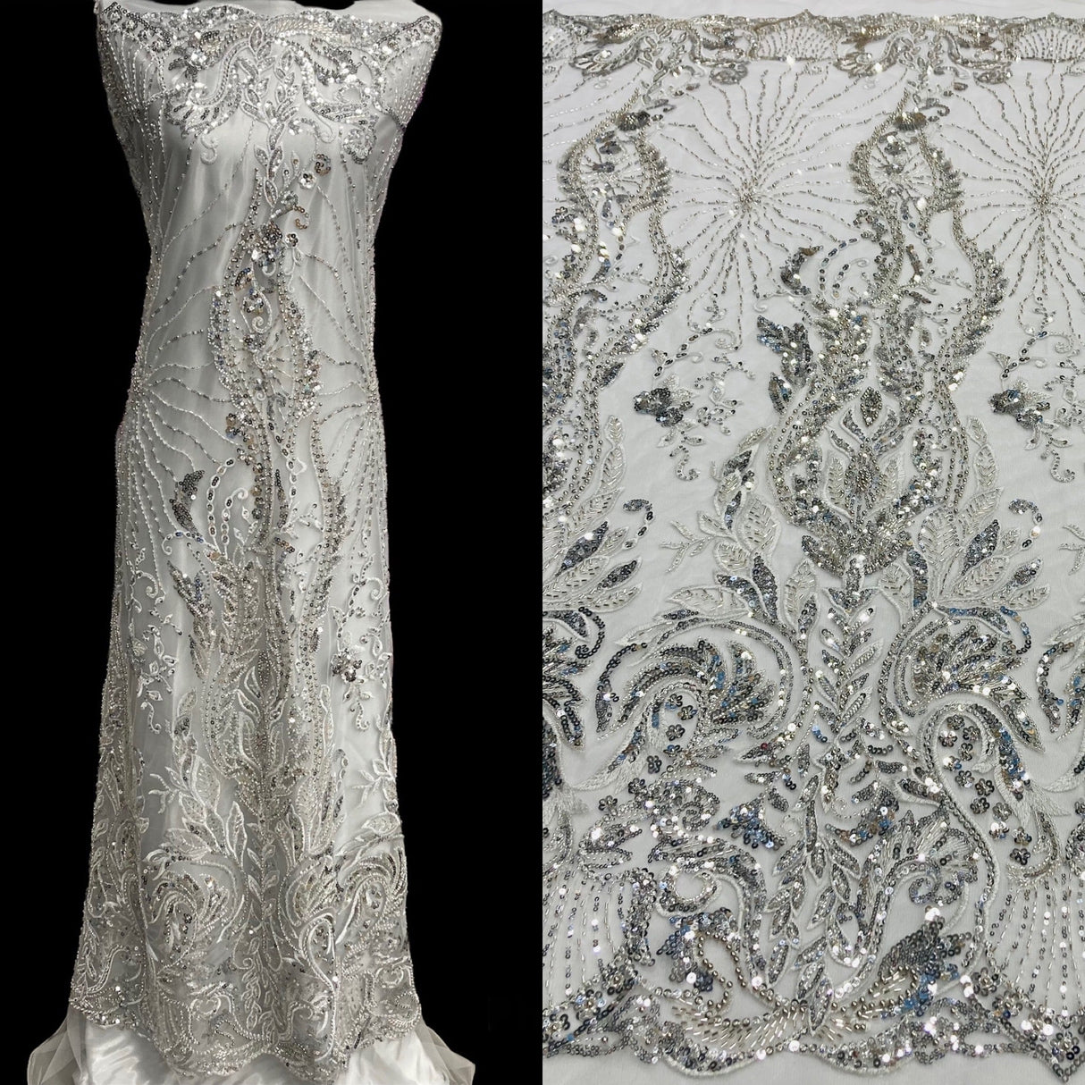 Beaded Lace Fabric on Polyester Net Mesh 51"