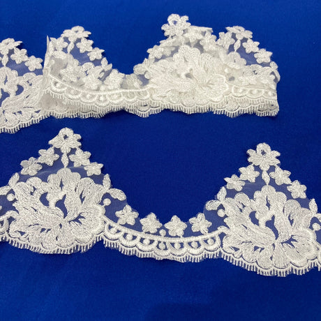 Embroidered Floral Lace Trim Polyester Fabric - Ivory With Silver, White With Silver, Ivory, White, 4.5" Width (1 Yard)