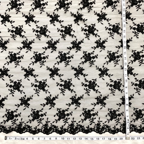 Beaded Corded Bridal Lace Black Mesh