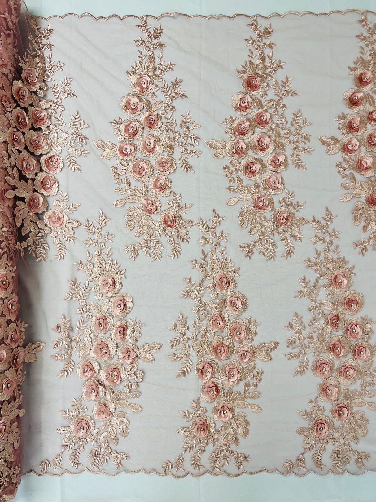 Rosa 3D Floral Design With Rhinestones Polyester Fabric - 3D Floral Embroidered Mesh Lace, 54" Width (1 Yard)