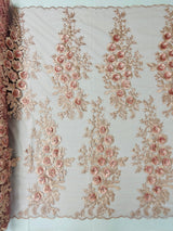 Rosa 3D Floral Design With Rhinestones Polyester Fabric - 3D Floral Embroidered Mesh Lace, 54" Width (1 Yard)