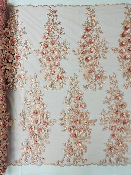 Rosa 3D Floral Design With Rhinestones Polyester Fabric - 3D Floral Embroidered Mesh Lace, 54" Width (1 Yard)