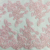 1 Yard Elegant Beaded and Corded Bridal Lace Fabric Embroidered on 100% Polyester Net Mesh White