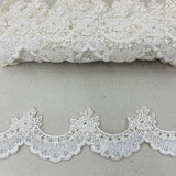 Beaded & Corded Lace Trimming Embroidered On 100 Percent Polyester Net Mesh Fabric - White, Ivory With Silver, 2" Width (1 Yard)