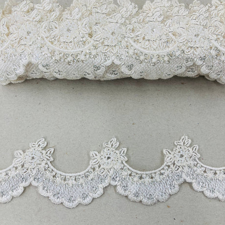 Beaded & Corded Lace Trimming Embroidered On 100 Percent Polyester Net Mesh Fabric - White, Ivory With Silver, 2" Width (1 Yard)