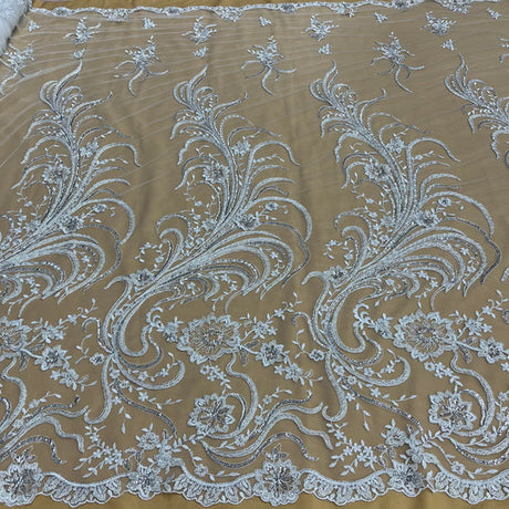 1 Yard Beaded Corded Bridal Lace Fabric Embroidered 100 Percent Polyester Net Mesh 52 inch Width