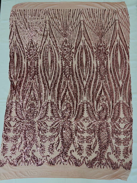 Paisley Sequin Design 4 Way Stretch Mesh Fabric - Nude Paisley Embroidered Iridescent Sequins, 48-50" Width, 36" Length (1 Yard)