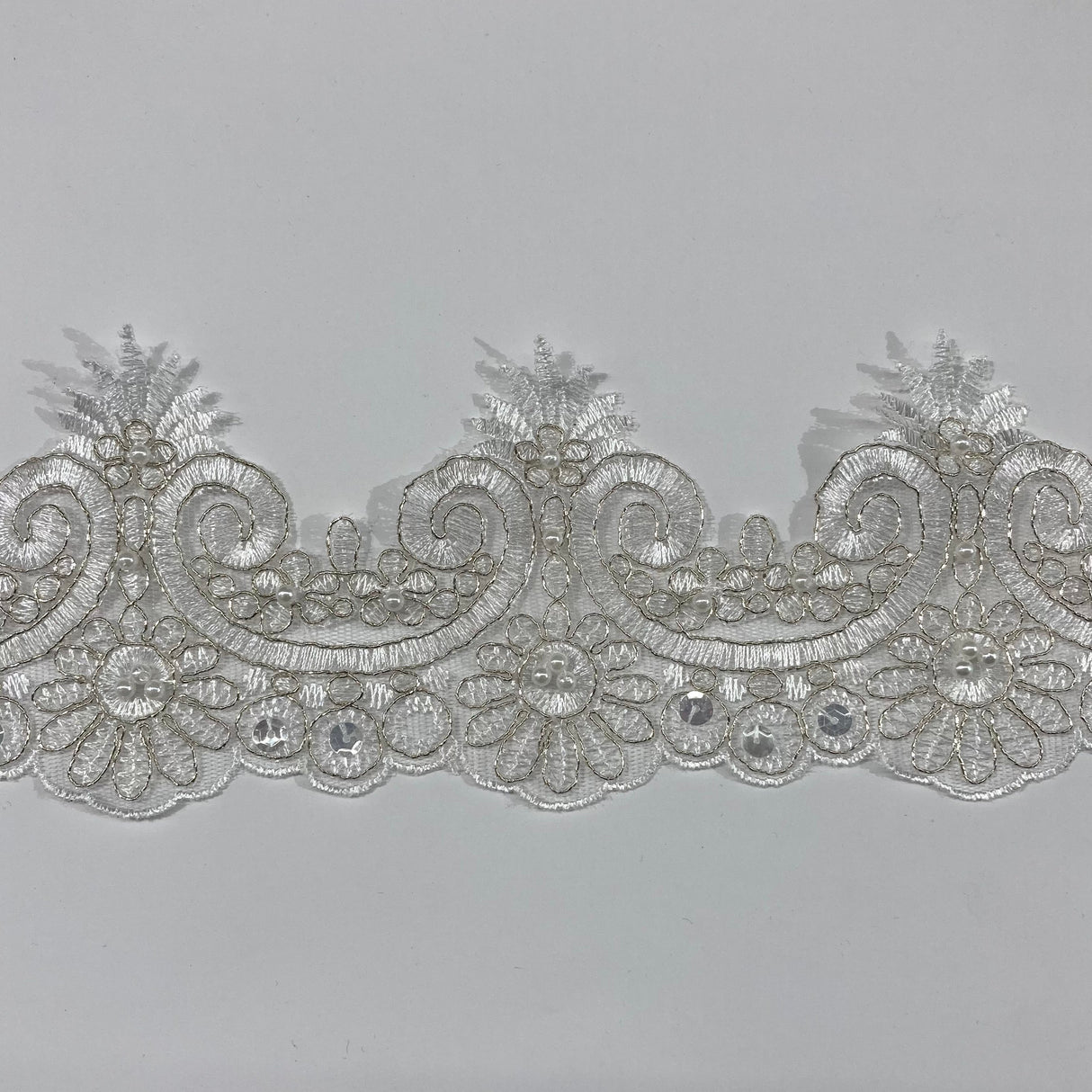 Beaded Corded Lace Trim 4" Polyester Net Mesh