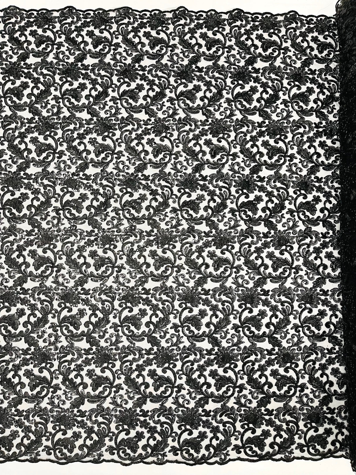 Angela Metallic Corded Lace Fabric - Embroidered Sequins Mesh Lace, Double Scallop Edge, 50-54" Width (1 Yard)