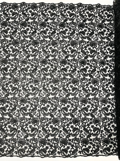 Angela Metallic Corded Lace Fabric - Embroidered Sequins Mesh Lace, Double Scallop Edge, 50-54" Width (1 Yard)