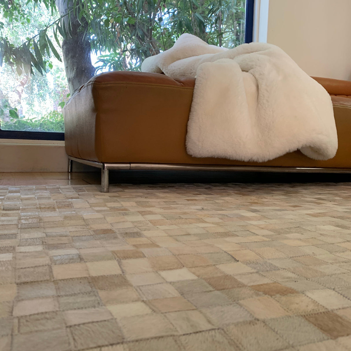 Natural Cowhide Leather Patchwork Tile Area Rug - 100 Percent Real Cowhide Fabric, Patchwork, Natural Multi Color, Handmade, Area Rug (1 Unit)