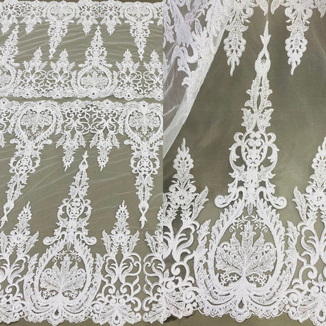 1 Yard Exquisite Corded Bridal Lace Fabric Embroidered on 100% Polyester Net Mesh White