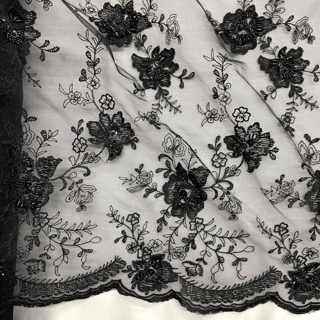 Beaded Embroidered Lace Fabric Black
