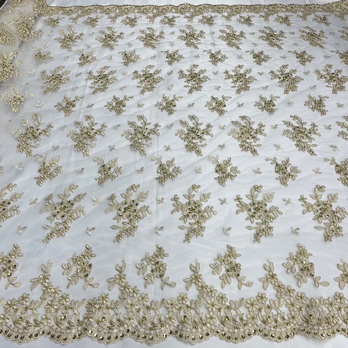 Beaded Corded Floral Lace Fabric 52" Scalloped Edges