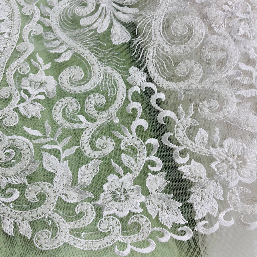 1 Yard Luxurious Beaded Lace Fabric Embroidered on Polyester Net Mesh White and Ivory