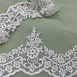Corded Lace Trimming Embroidered On 100 Percent Polyester Net Mesh Fabric - Black, Ivory With Gold, Ivory With Silver, Ivory, Silver, White, 6" Width (1 Yard)