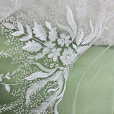 Beaded Lace Fabric - Embroidered 100 Percent Polyester Net Mesh, White, Ivory, Antique Silver, 56" Width (1 Yard)