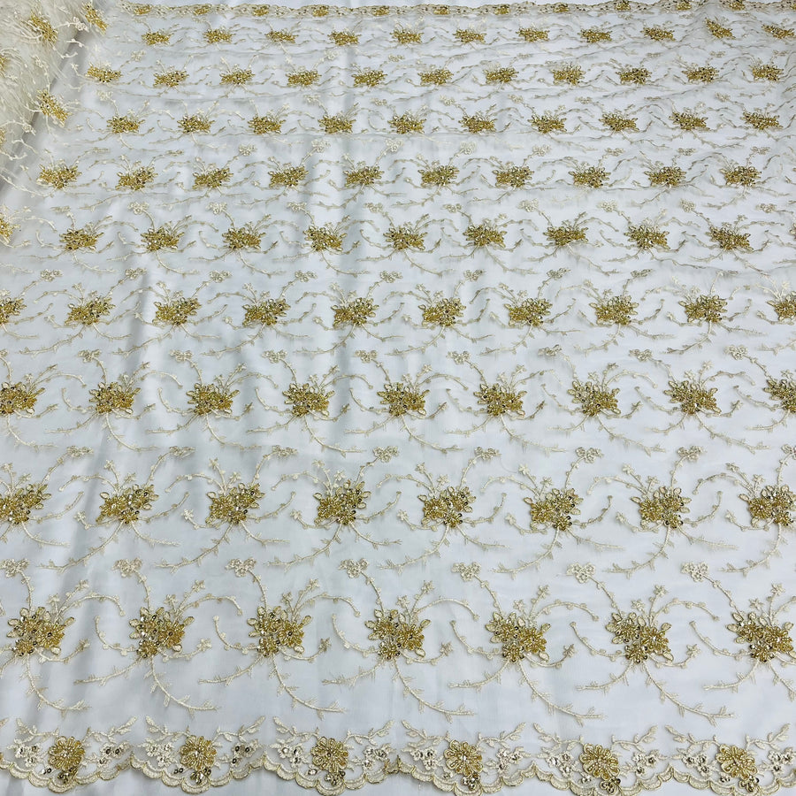 1 Yard Deluxe Beaded and Corded Bridal Lace Fabric Embroidered on Polyester Net Mesh